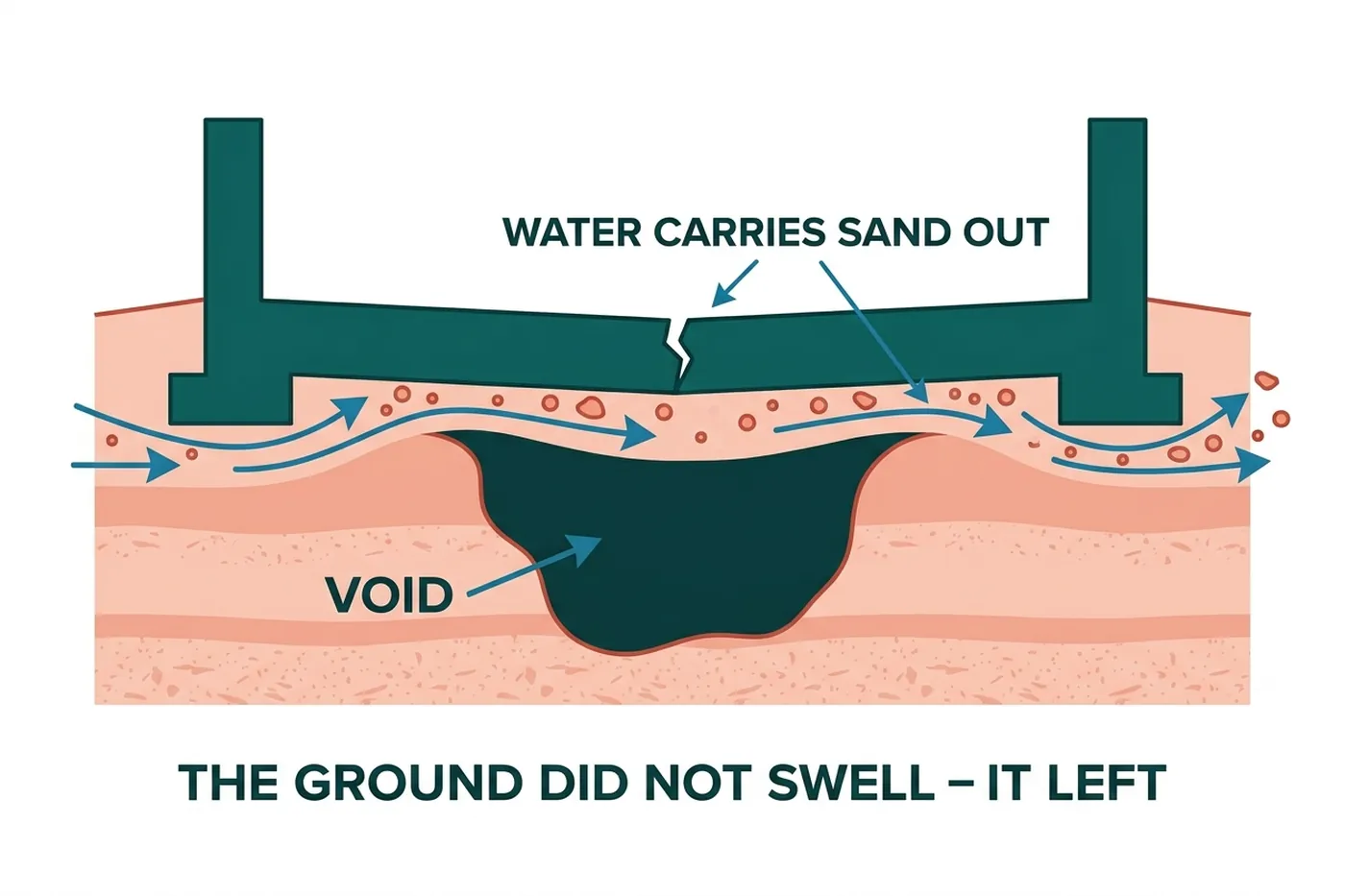 Diagram: water carrying sand out from beneath a slab, leaving an unsupported void
