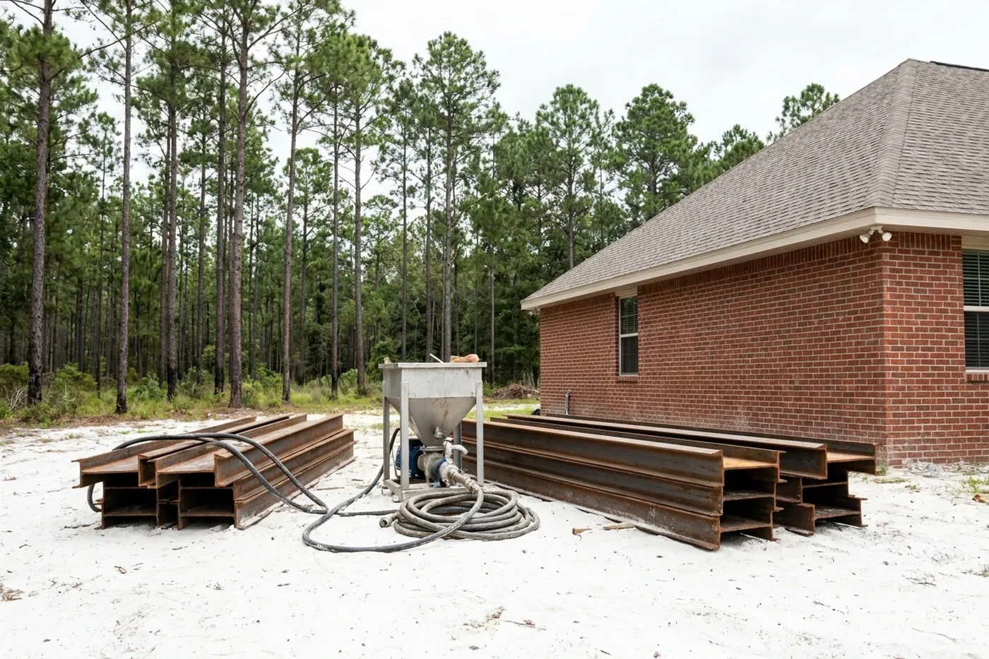 Grout injection equipment and steel pier sections staged beside a Pensacola slab foundation