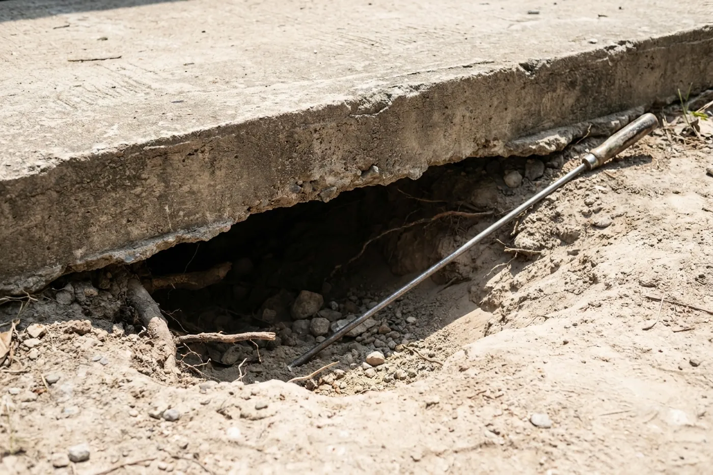Void opened beneath a concrete slab edge where sandy soil has washed out from underneath